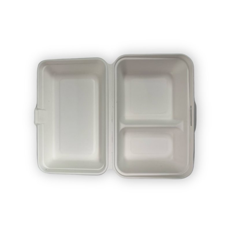 1000ml 2-Cell Sugarcane Clamshell Takeaway Container (500 Pack) – Compostable, Microwave & Freezer Safe