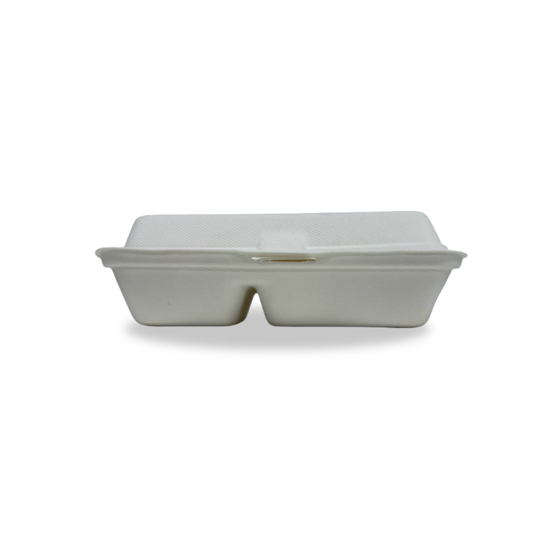 1000ml 2-Cell Sugarcane Clamshell Takeaway Container (500 Pack) – Compostable, Microwave & Freezer Safe