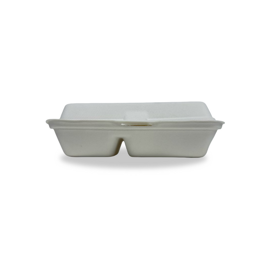 1000ml 2-Cell Sugarcane Clamshell Takeaway Container (500 Pack) – Compostable, Microwave & Freezer Safe